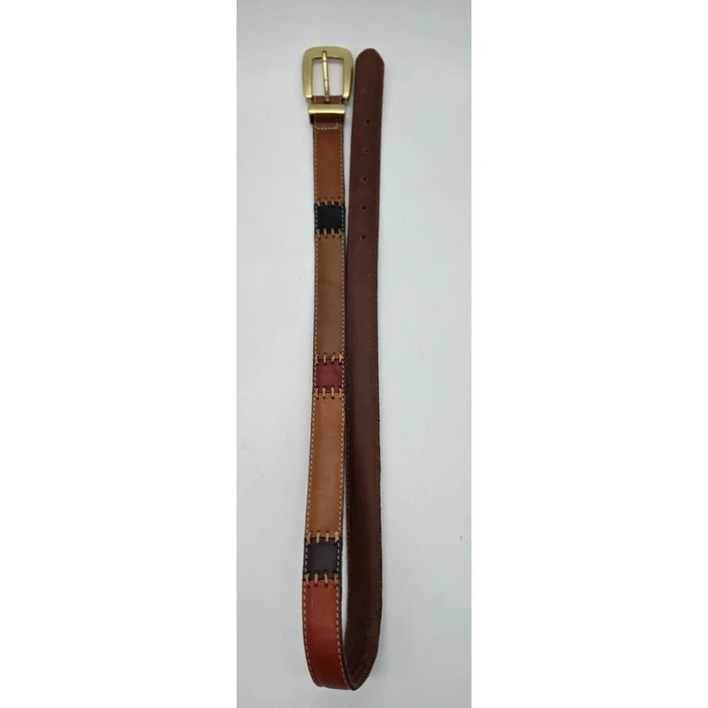 Fossil‎ Patchwork Leather Belt Women Multicolor Brass Buckle Size Large 30-34 in